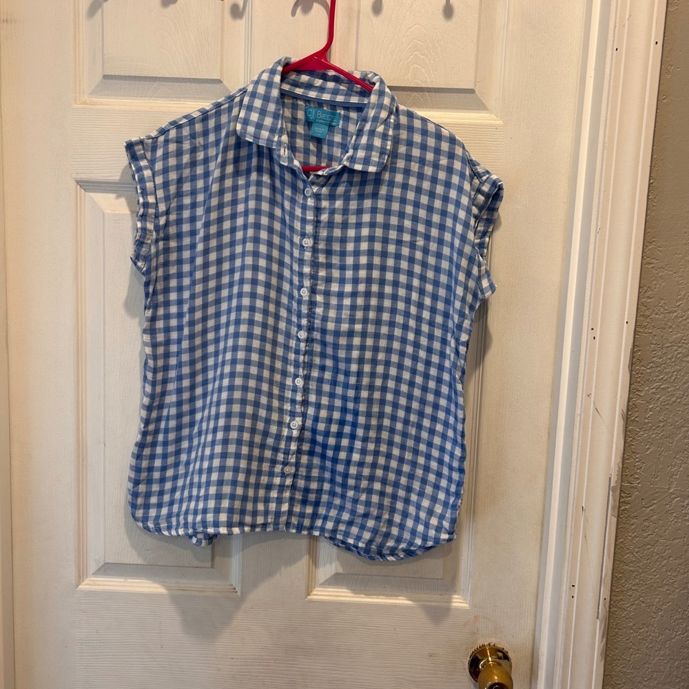 CJ Breeze Blue White‎ Gingham Gauze Sleeveless Button Down Shirt  Women Large